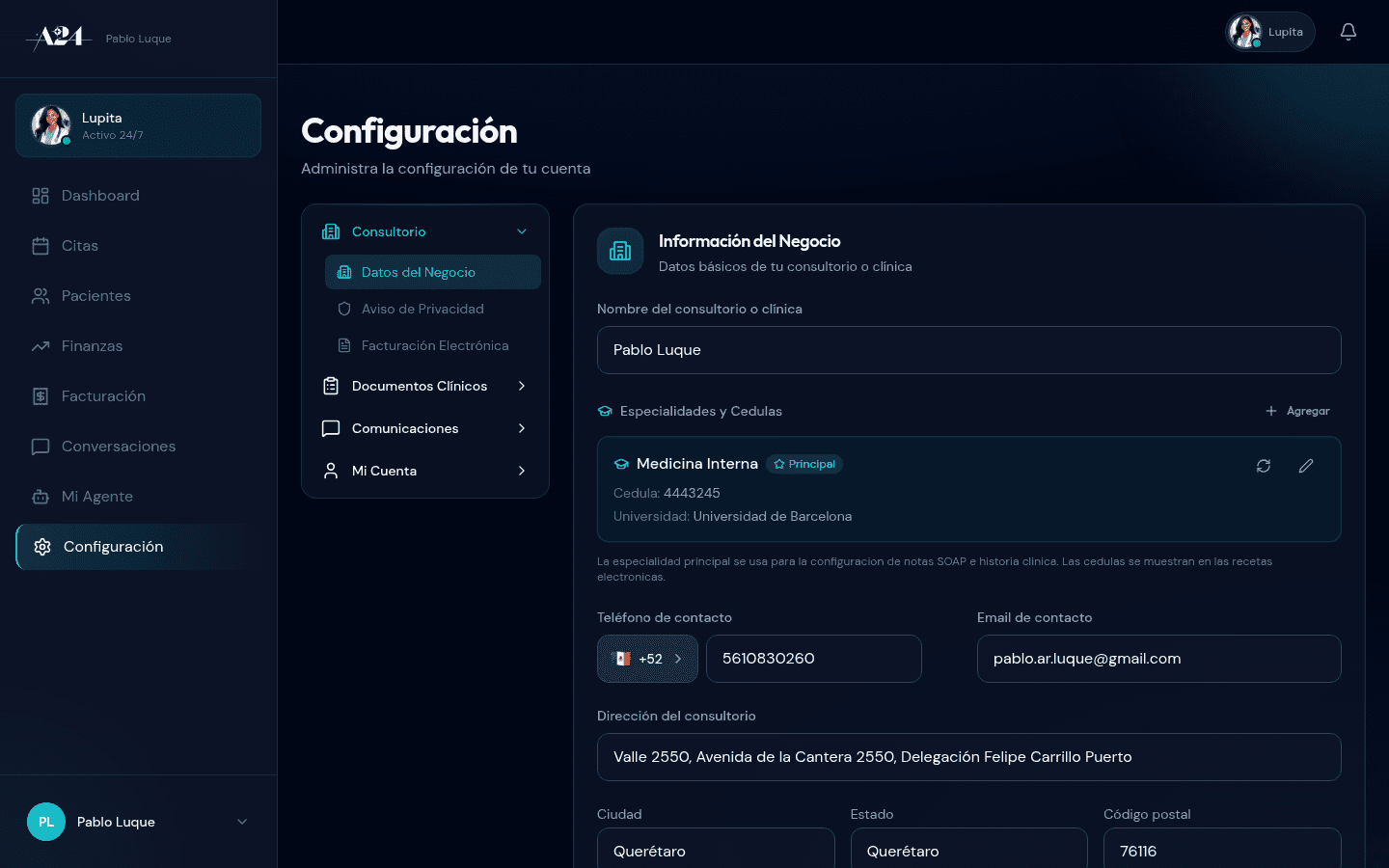 Configuración del consultorio en Agentes24