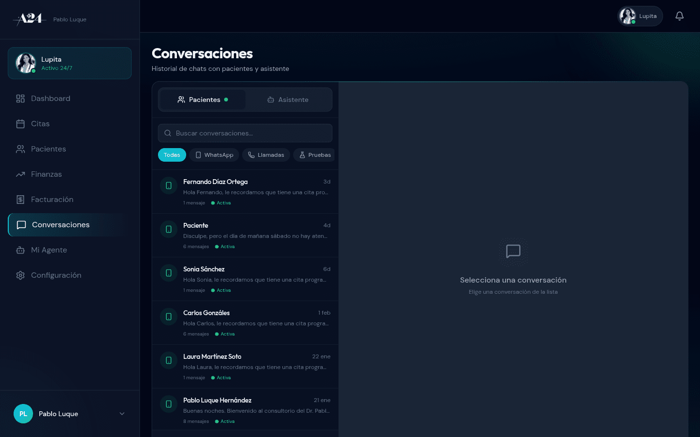 Lista de conversaciones en Agentes24