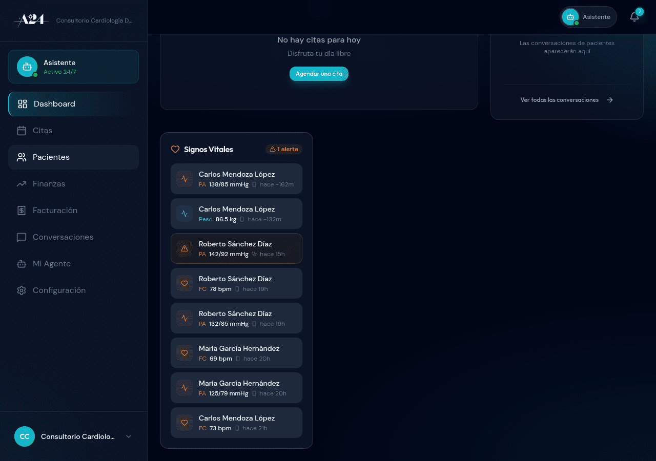 Widget de signos vitales en el dashboard de Cardiología