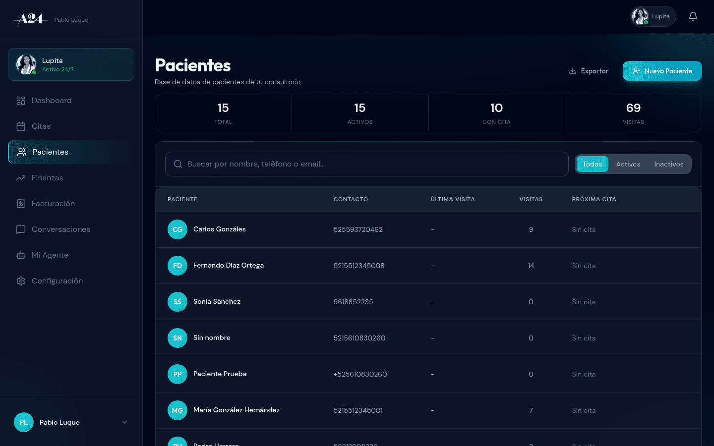 Lista de pacientes en Agentes24