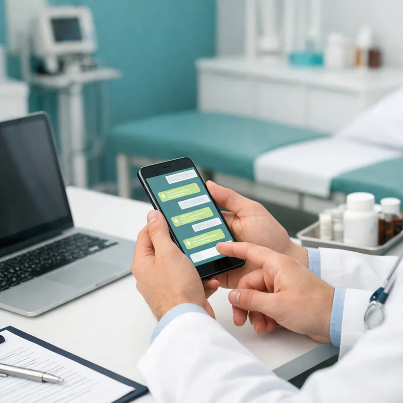 Médico revisando mensajes automatizados de WhatsApp en su consultorio