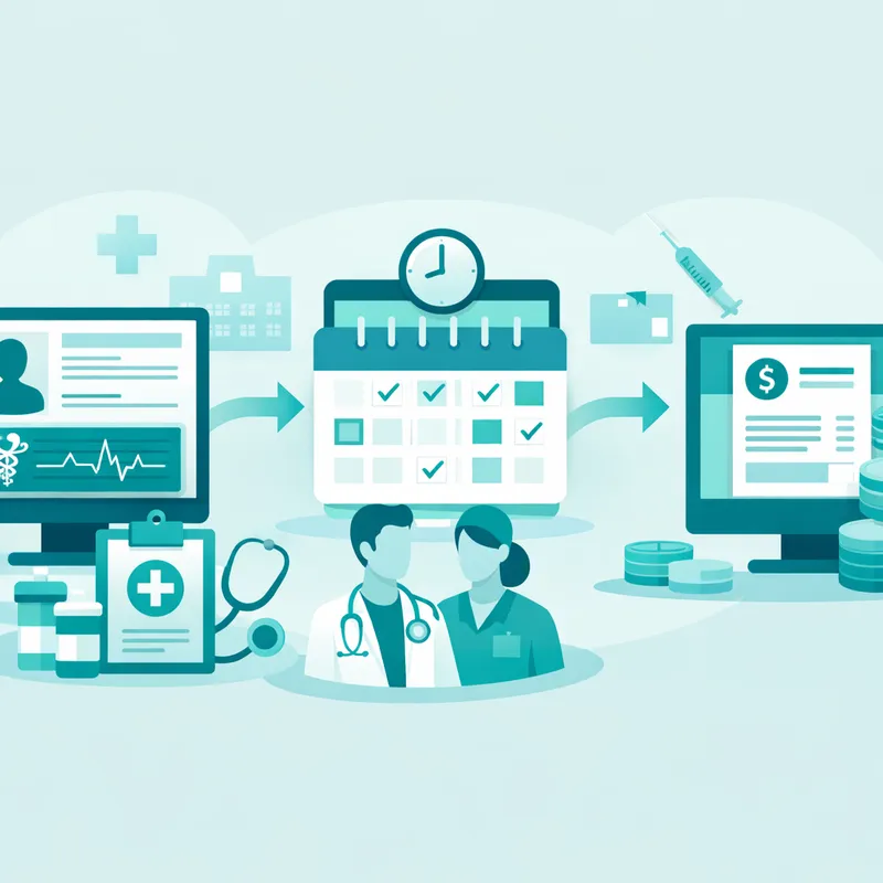 Integración de flujos de trabajo médicos mostrando EMR, agendamiento y facturación