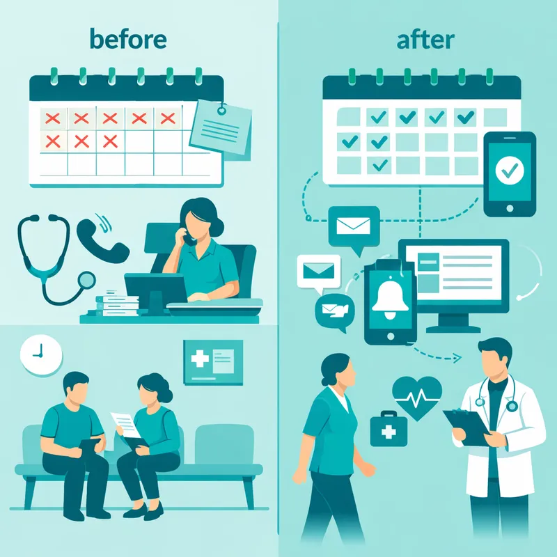Comparativa visual antes y después de implementar automatización de citas médicas